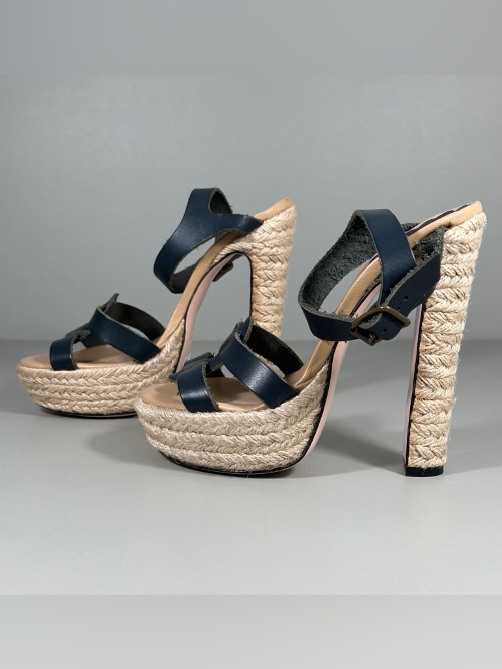 RED Valentino Navy Leather and Natural Jute Platform Sandals